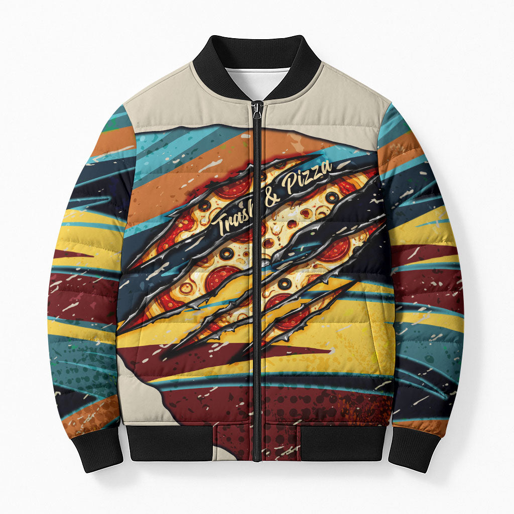 Skateboarding Raccoon Eating Pizza Bomber Puffer Jacket Retro Cartoon Skating Claw Rip Grunge Aesthetic