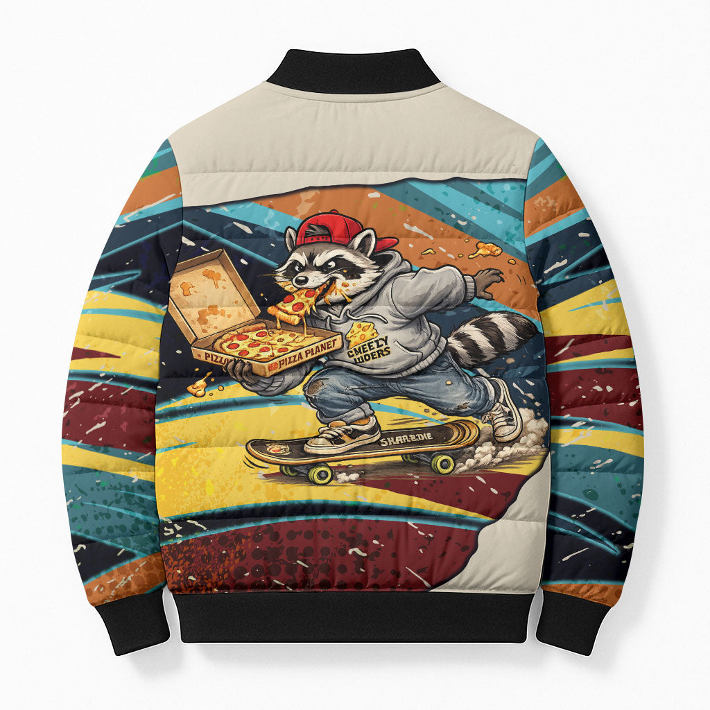 Skateboarding Raccoon Eating Pizza Bomber Puffer Jacket Retro Cartoon Skating Claw Rip Grunge Aesthetic