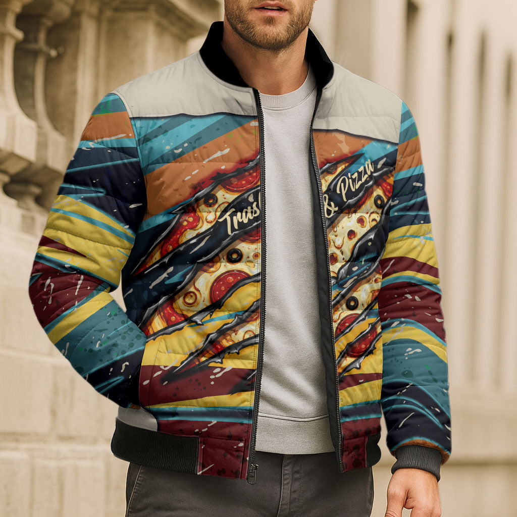 Skateboarding Raccoon Eating Pizza Bomber Puffer Jacket Retro Cartoon Skating Claw Rip Grunge Aesthetic