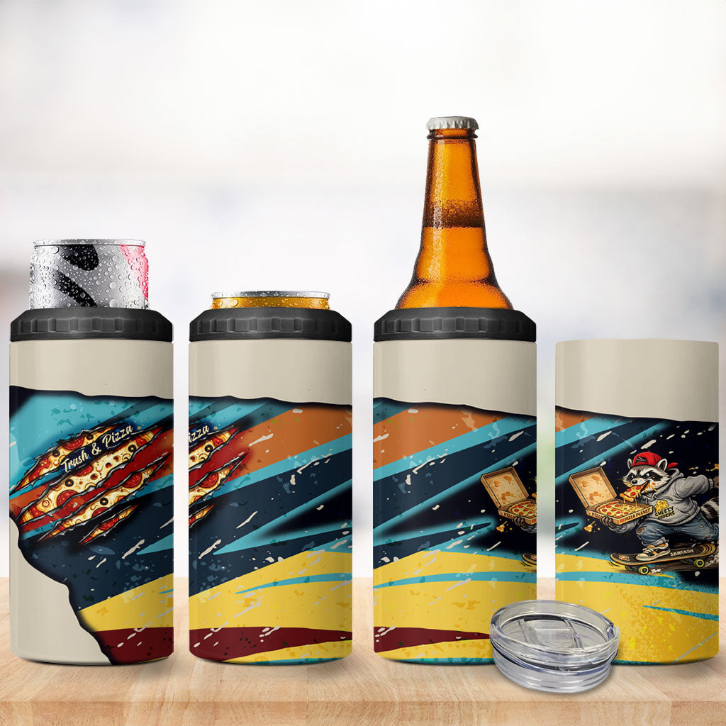Skateboarding Raccoon Eating Pizza 4 in 1 Can Cooler Tumbler Retro Cartoon Skating Claw Rip Grunge Aesthetic
