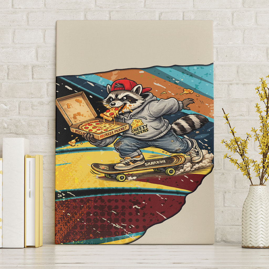 Skateboarding Raccoon Eating Pizza Canvas Wall Art Retro Cartoon Skating Claw Rip Grunge Aesthetic