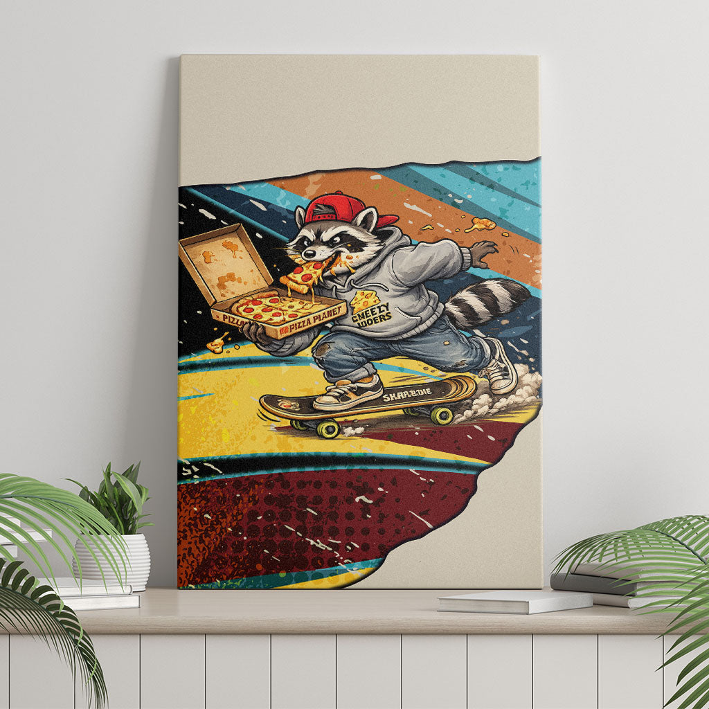 Skateboarding Raccoon Eating Pizza Canvas Wall Art Retro Cartoon Skating Claw Rip Grunge Aesthetic