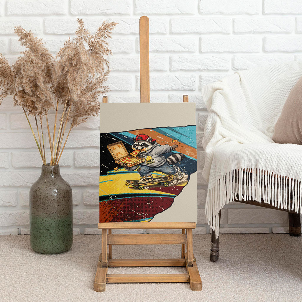 Skateboarding Raccoon Eating Pizza Canvas Wall Art Retro Cartoon Skating Claw Rip Grunge Aesthetic