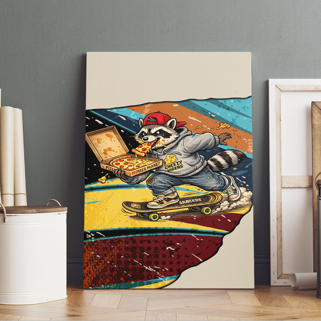 Skateboarding Raccoon Eating Pizza Canvas Wall Art Retro Cartoon Skating Claw Rip Grunge Aesthetic