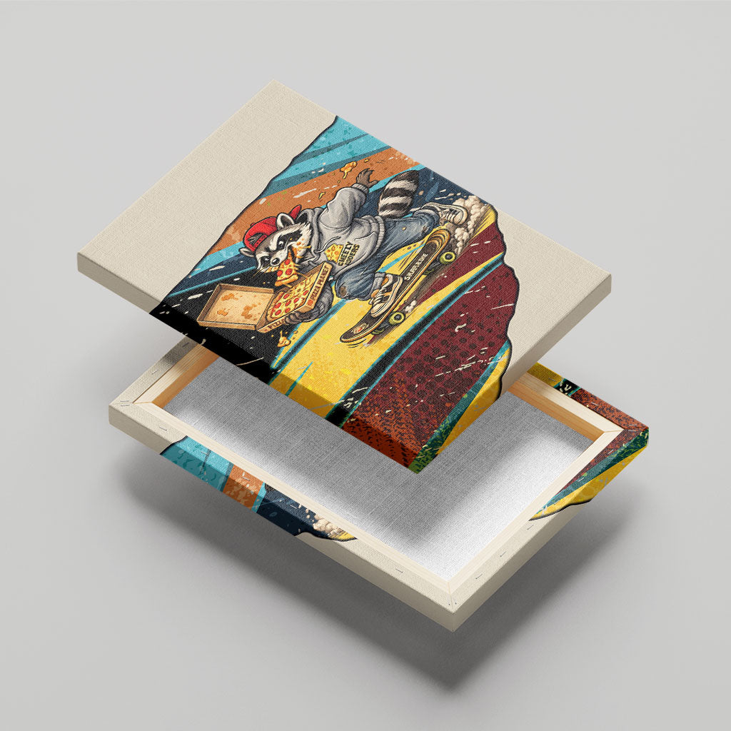 Skateboarding Raccoon Eating Pizza Canvas Wall Art Retro Cartoon Skating Claw Rip Grunge Aesthetic
