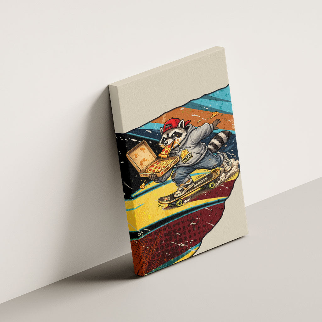 Skateboarding Raccoon Eating Pizza Canvas Wall Art Retro Cartoon Skating Claw Rip Grunge Aesthetic