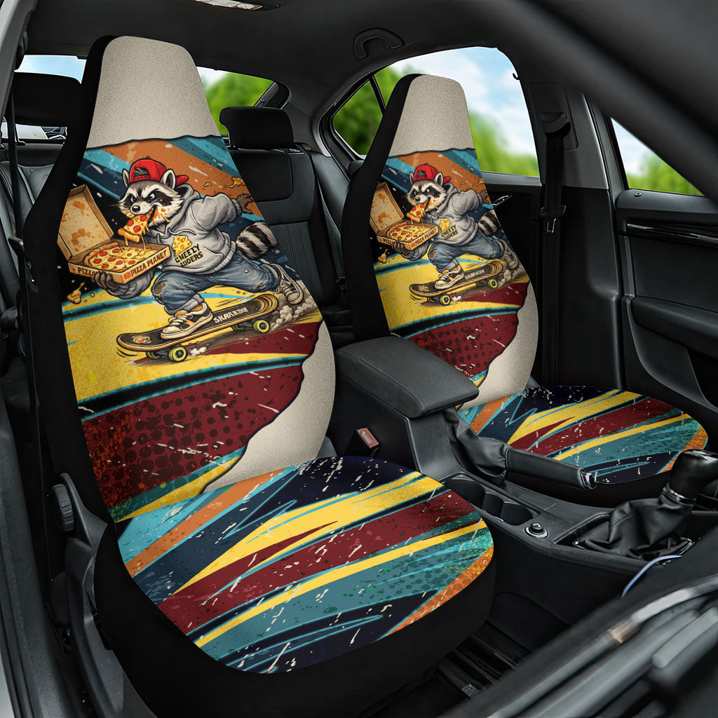 Skateboarding Raccoon Eating Pizza Car Seat Cover Retro Cartoon Skating Claw Rip Grunge Aesthetic