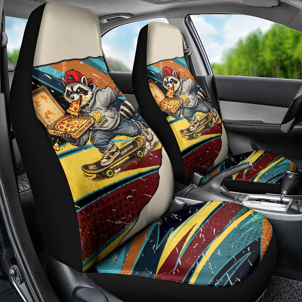 Skateboarding Raccoon Eating Pizza Car Seat Cover Retro Cartoon Skating Claw Rip Grunge Aesthetic