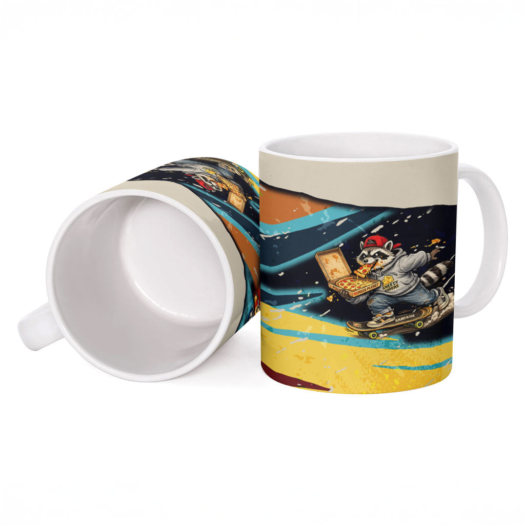 Skateboarding Raccoon Eating Pizza Ceramic Mug Retro Cartoon Skating Claw Rip Grunge Aesthetic