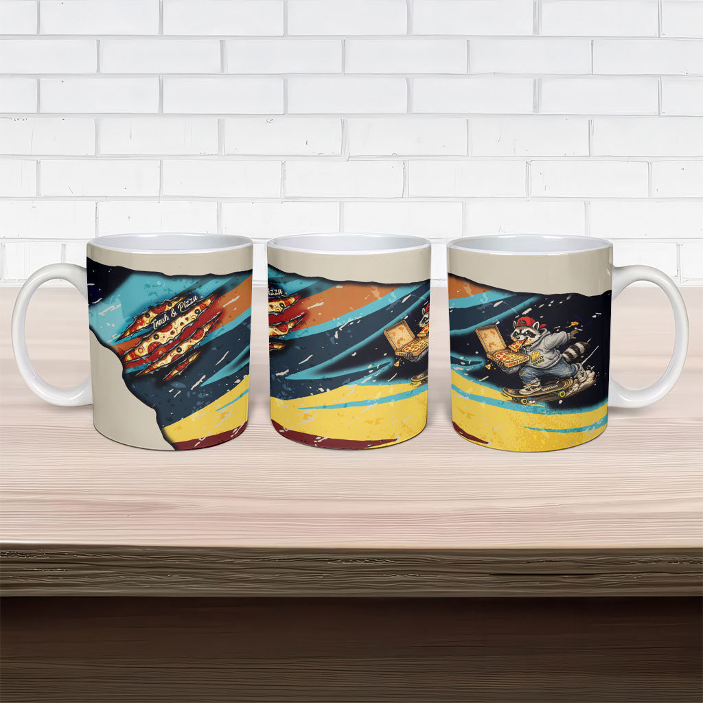 Skateboarding Raccoon Eating Pizza Ceramic Mug Retro Cartoon Skating Claw Rip Grunge Aesthetic