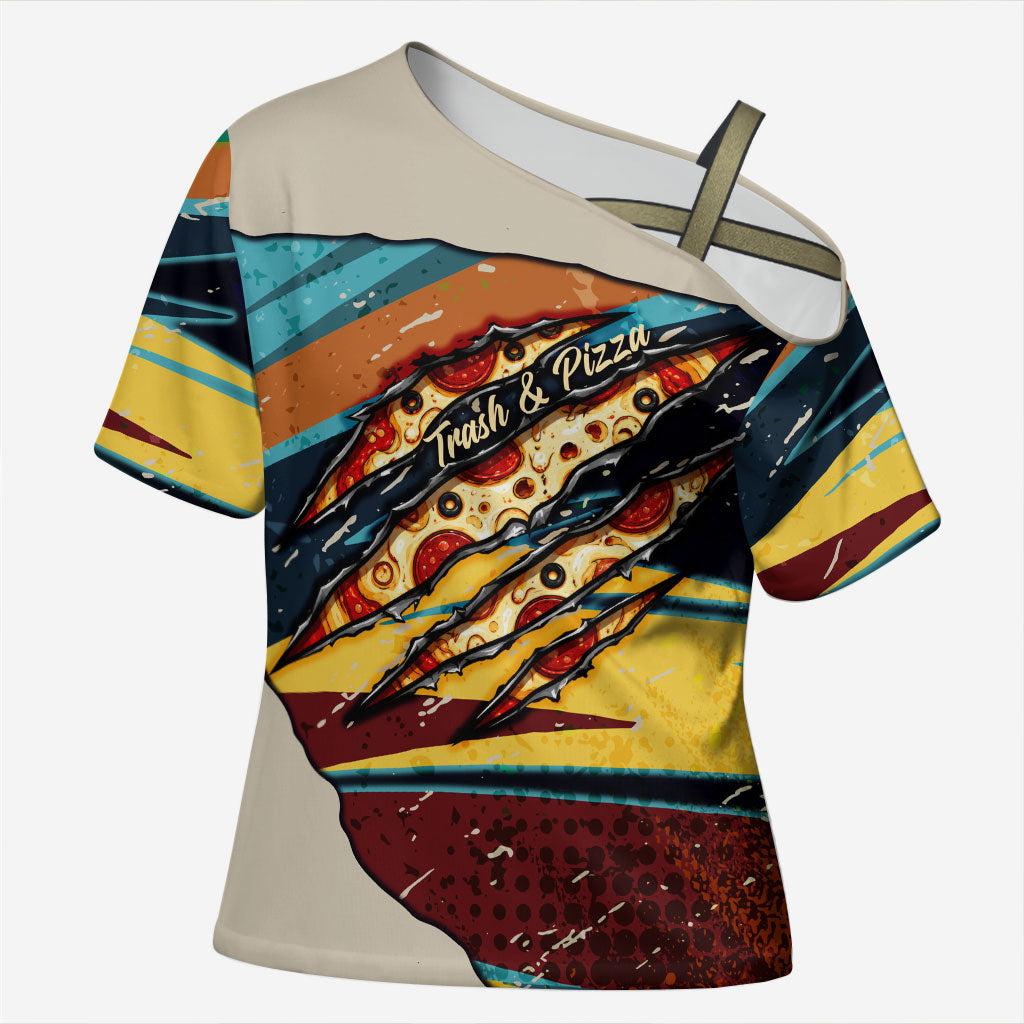Skateboarding Raccoon Eating Pizza Cross Shoulder Shirt Retro Cartoon Skating Claw Rip Grunge Aesthetic