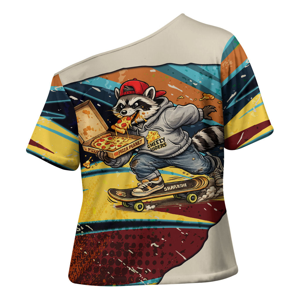 Skateboarding Raccoon Eating Pizza Cross Shoulder Shirt Retro Cartoon Skating Claw Rip Grunge Aesthetic