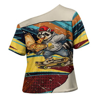 Skateboarding Raccoon Eating Pizza Cross Shoulder Shirt Retro Cartoon Skating Claw Rip Grunge Aesthetic