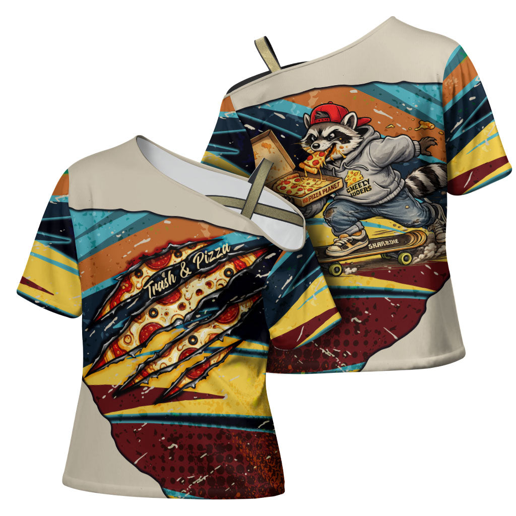 Skateboarding Raccoon Eating Pizza Cross Shoulder Shirt Retro Cartoon Skating Claw Rip Grunge Aesthetic