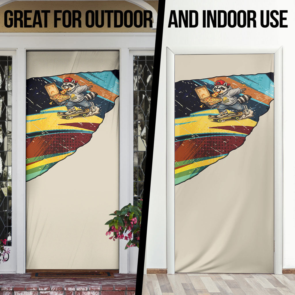 Skateboarding Raccoon Eating Pizza Door Cover Retro Cartoon Skating Claw Rip Grunge Aesthetic