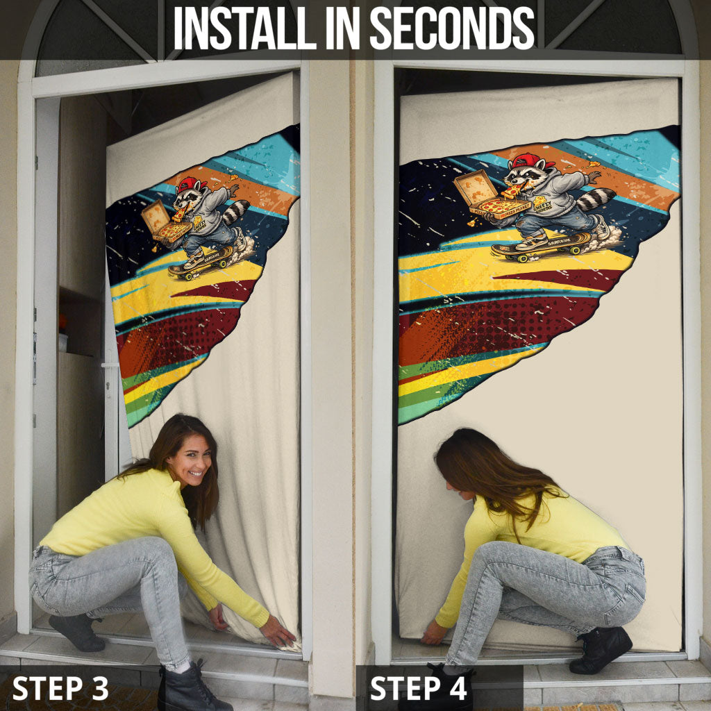 Skateboarding Raccoon Eating Pizza Door Cover Retro Cartoon Skating Claw Rip Grunge Aesthetic