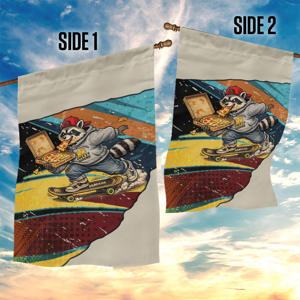Skateboarding Raccoon Eating Pizza Garden Flag Retro Cartoon Skating Claw Rip Grunge Aesthetic
