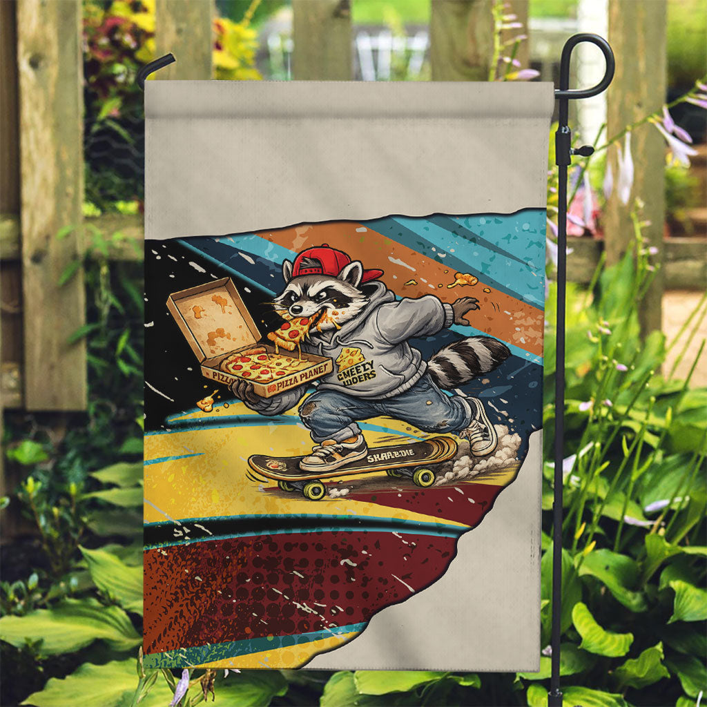 Skateboarding Raccoon Eating Pizza Garden Flag Retro Cartoon Skating Claw Rip Grunge Aesthetic