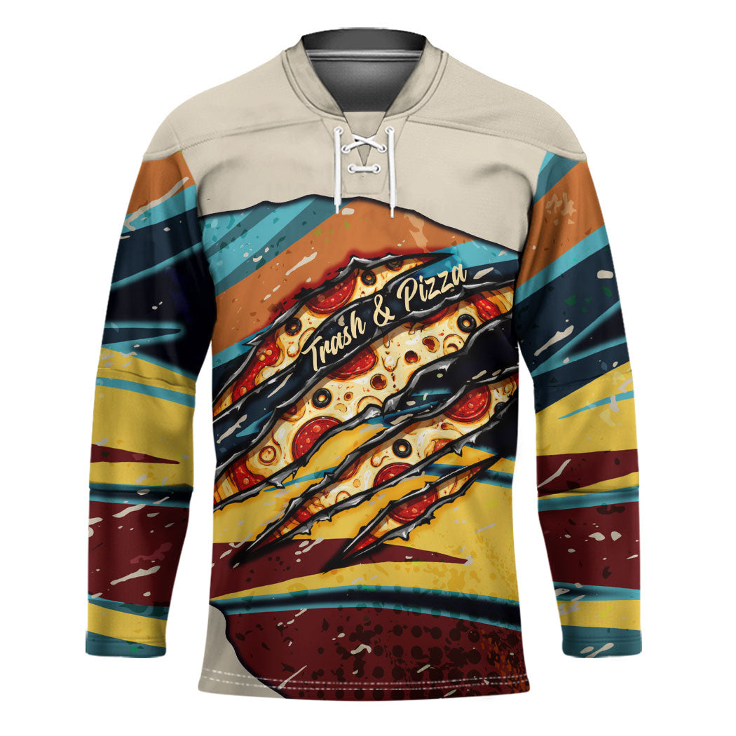 Skateboarding Raccoon Eating Pizza Hockey Jersey Retro Cartoon Skating Claw Rip Grunge Aesthetic