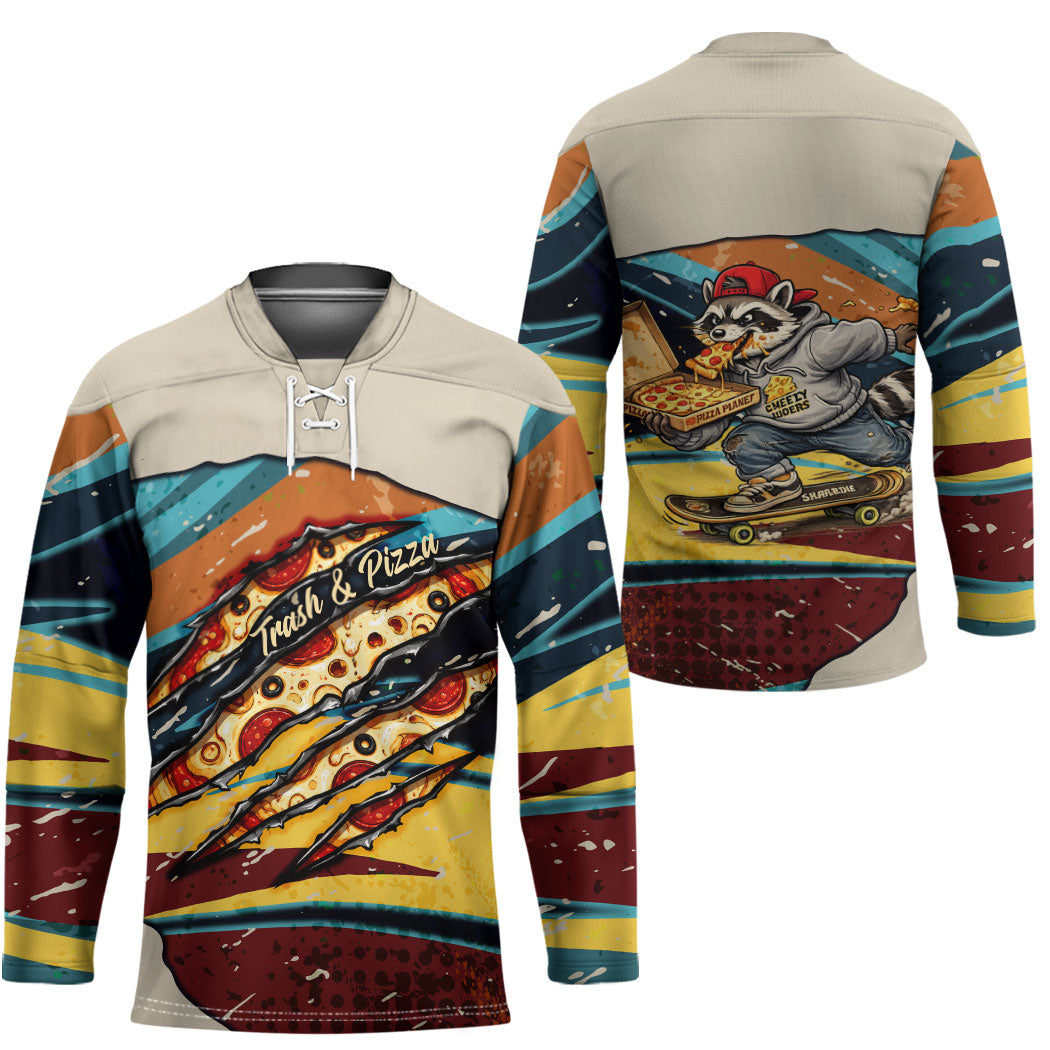 Skateboarding Raccoon Eating Pizza Hockey Jersey Retro Cartoon Skating Claw Rip Grunge Aesthetic