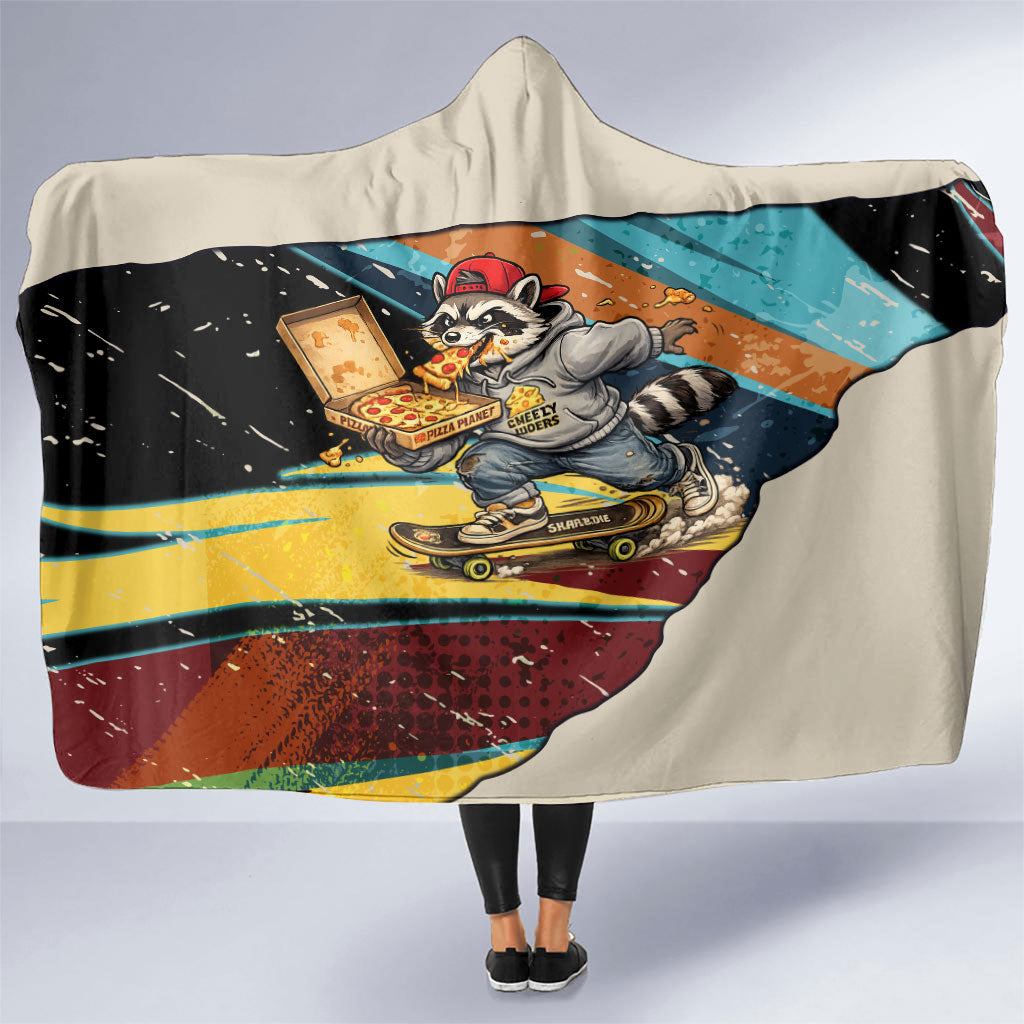 Skateboarding Raccoon Eating Pizza Hooded Blanket Retro Cartoon Skating Claw Rip Grunge Aesthetic