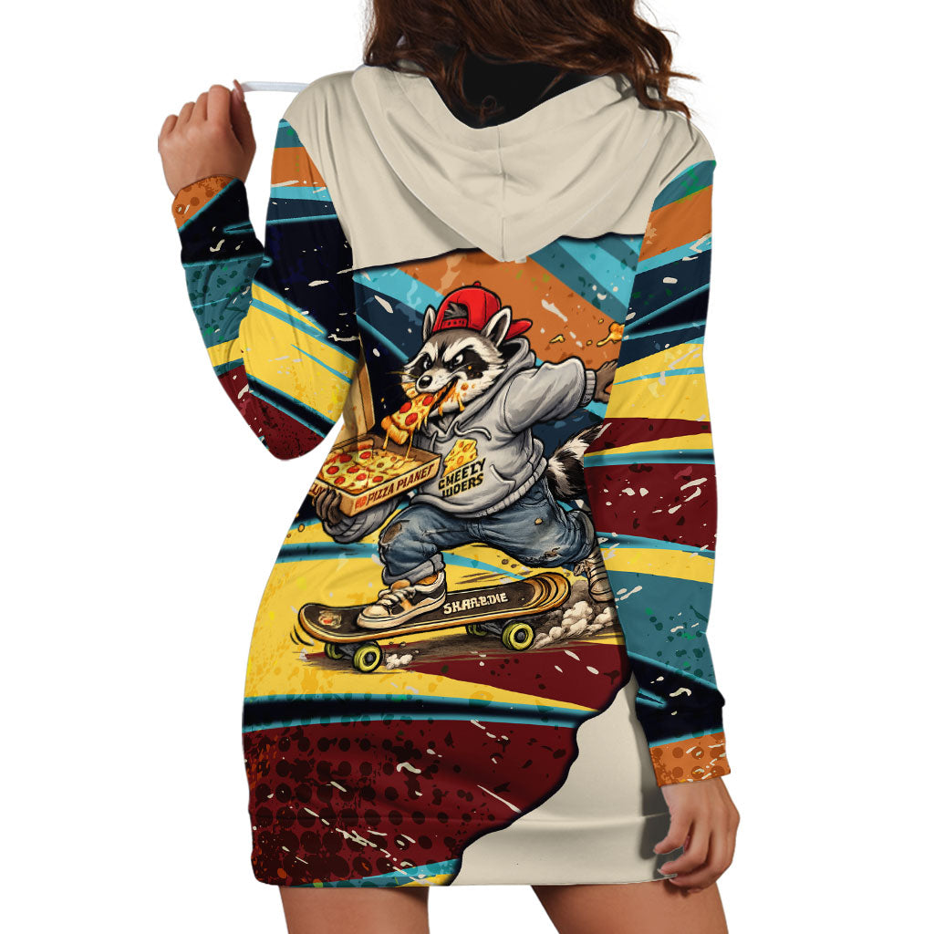 Skateboarding Raccoon Eating Pizza Hoodie Dress Retro Cartoon Skating Claw Rip Grunge Aesthetic