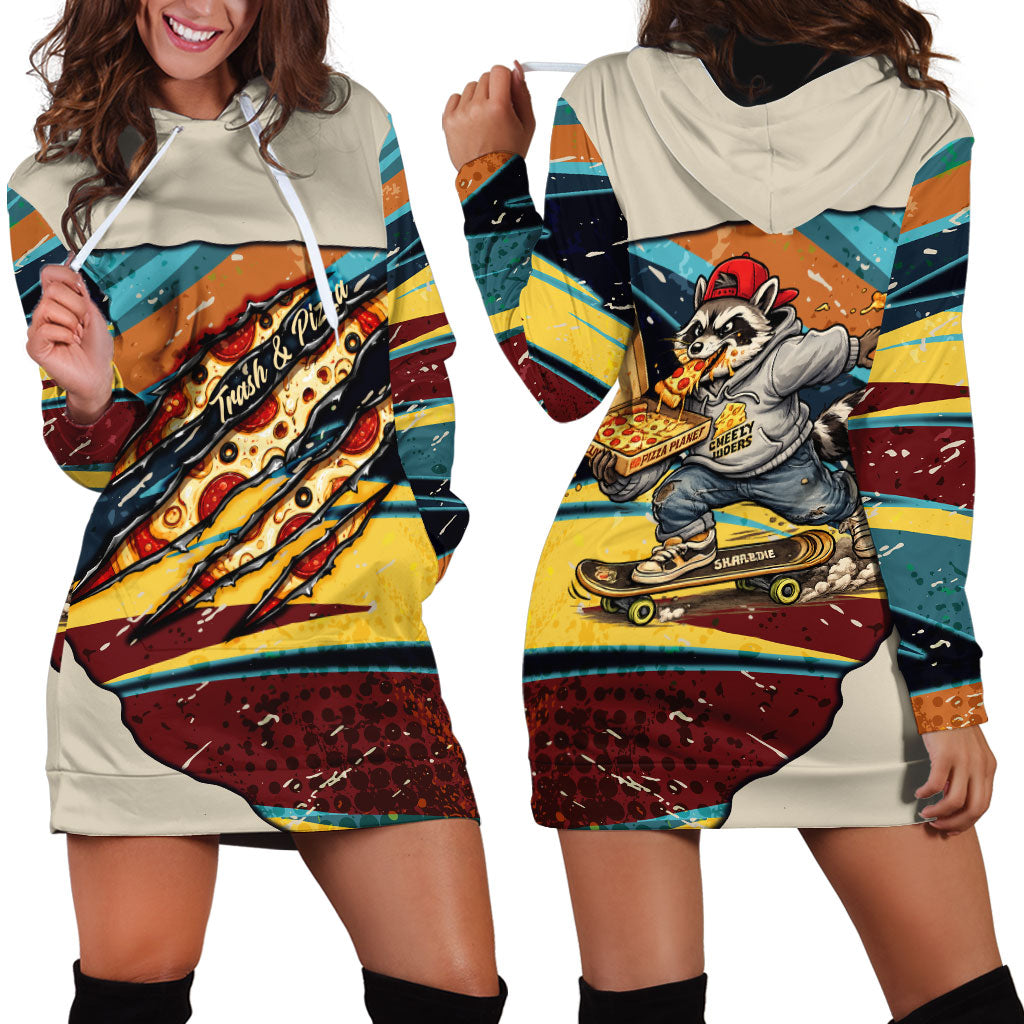 Skateboarding Raccoon Eating Pizza Hoodie Dress Retro Cartoon Skating Claw Rip Grunge Aesthetic