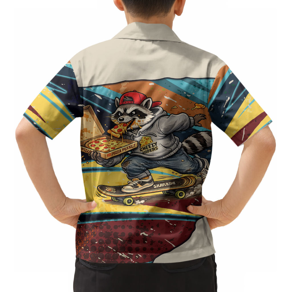 Skateboarding Raccoon Eating Pizza Kid Hawaiian Shirt Retro Cartoon Skating Claw Rip Grunge Aesthetic