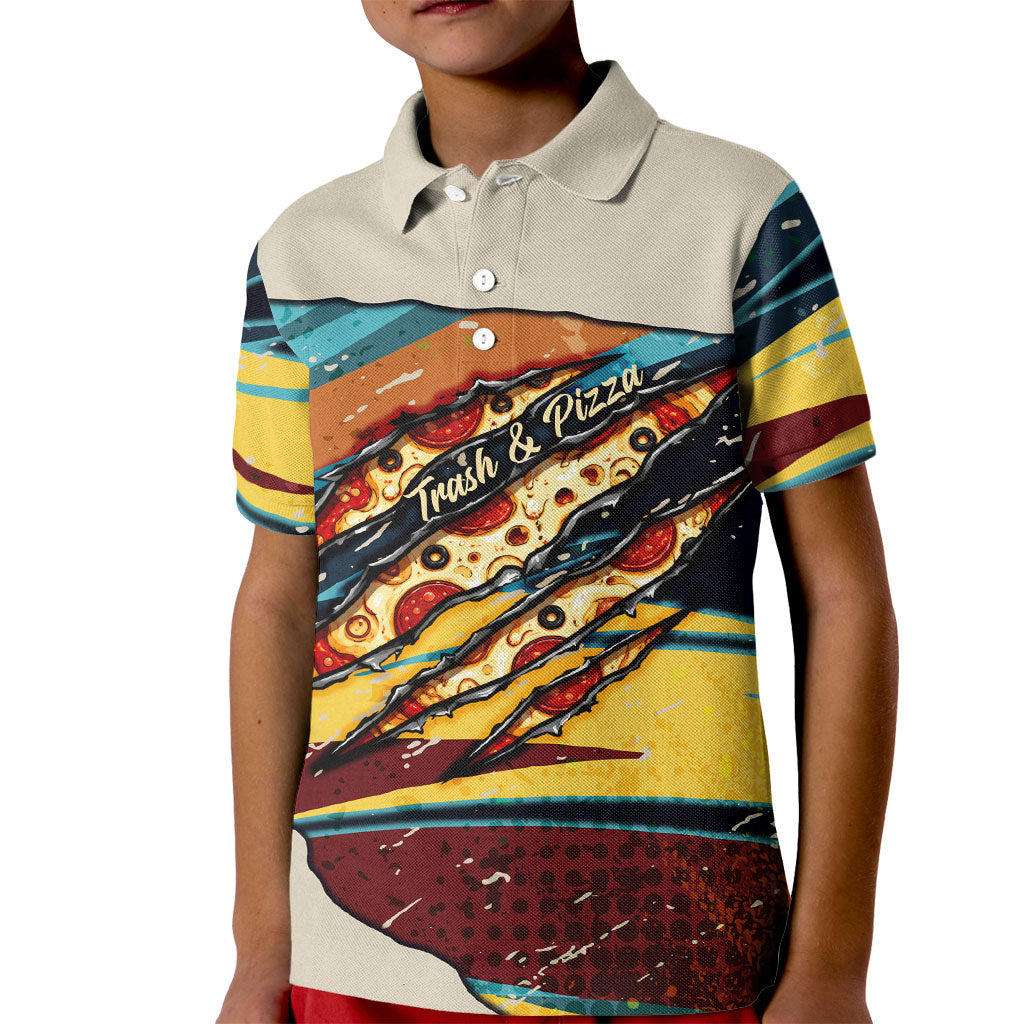 Skateboarding Raccoon Eating Pizza Kid Polo Shirt Retro Cartoon Skating Claw Rip Grunge Aesthetic