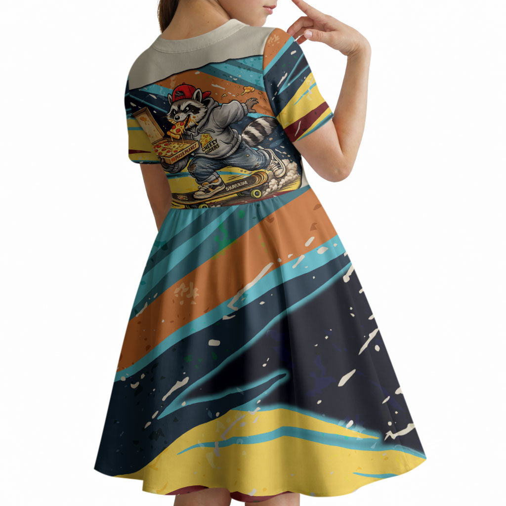 Skateboarding Raccoon Eating Pizza Kid Short Sleeve Dress Retro Cartoon Skating Claw Rip Grunge Aesthetic