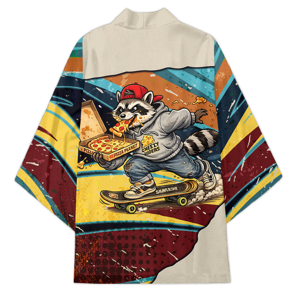 Skateboarding Raccoon Eating Pizza Kimono Retro Cartoon Skating Claw Rip Grunge Aesthetic