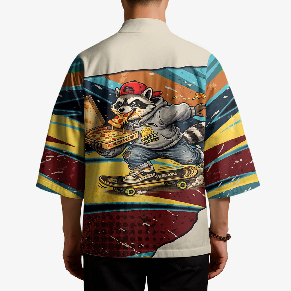 Skateboarding Raccoon Eating Pizza Kimono Retro Cartoon Skating Claw Rip Grunge Aesthetic