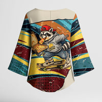 Skateboarding Raccoon Eating Pizza Kimono Sleeve Blouse Retro Cartoon Skating Claw Rip Grunge Aesthetic