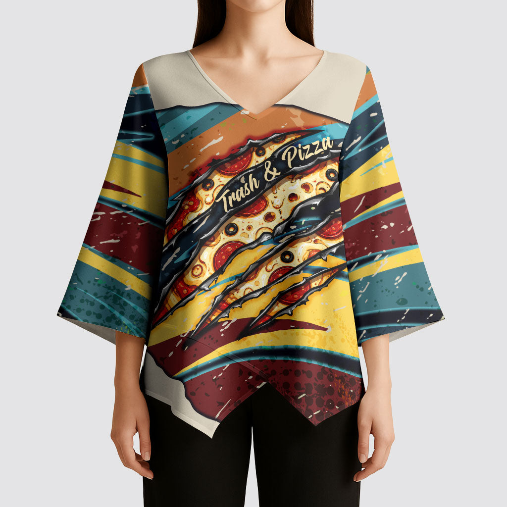 Skateboarding Raccoon Eating Pizza Kimono Sleeve Blouse Retro Cartoon Skating Claw Rip Grunge Aesthetic