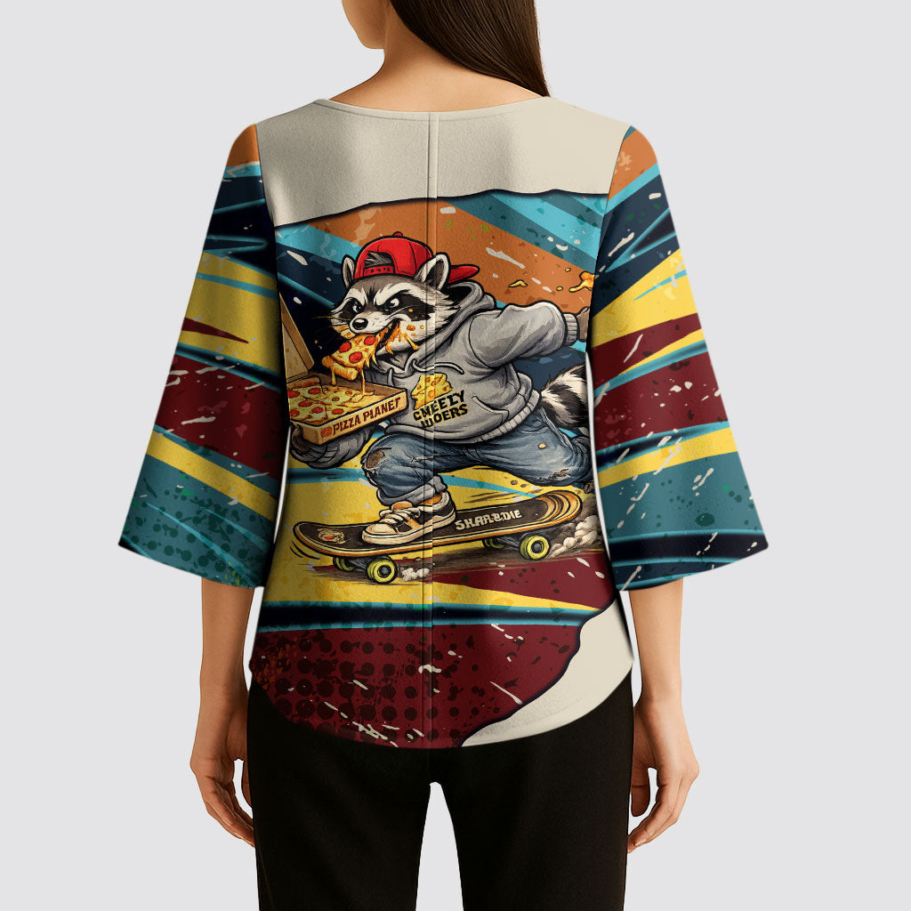 Skateboarding Raccoon Eating Pizza Kimono Sleeve Blouse Retro Cartoon Skating Claw Rip Grunge Aesthetic