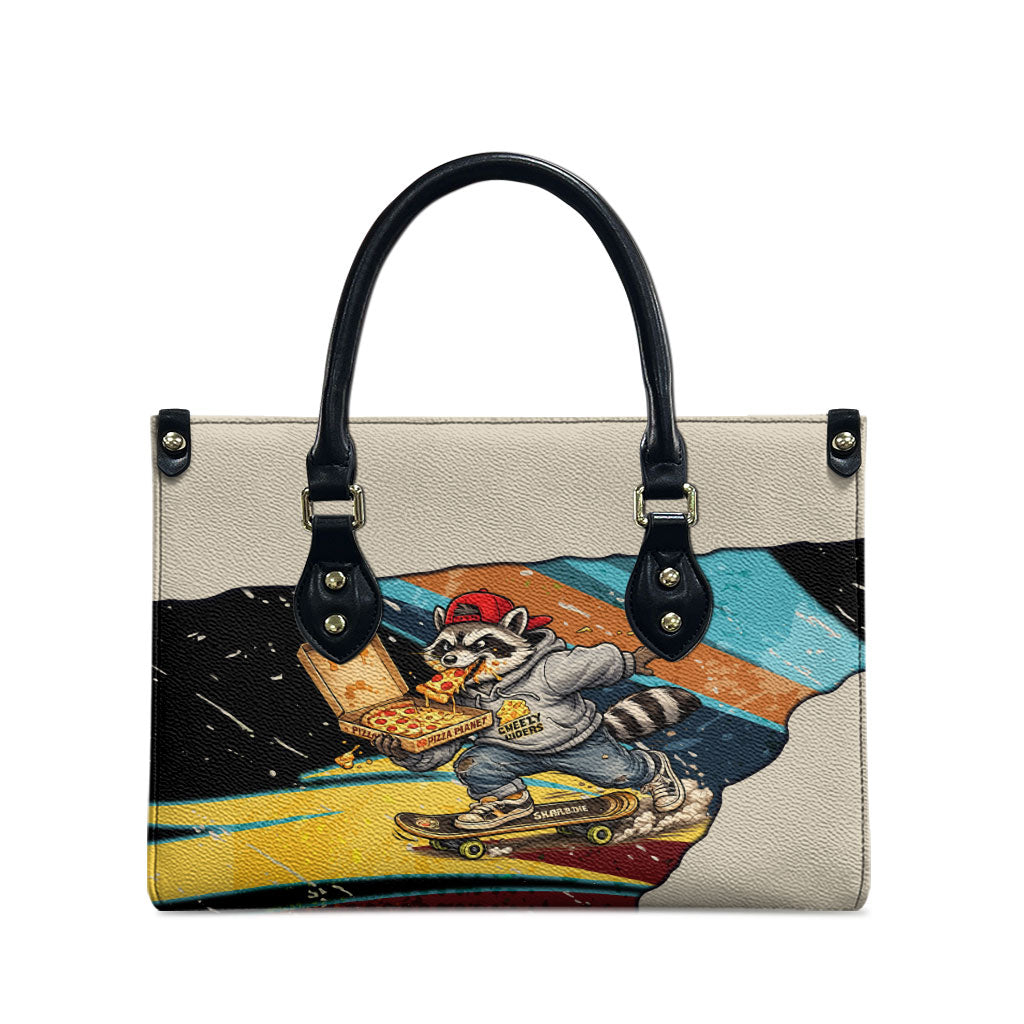 Skateboarding Raccoon Eating Pizza Leather Bag Retro Cartoon Skating Claw Rip Grunge Aesthetic