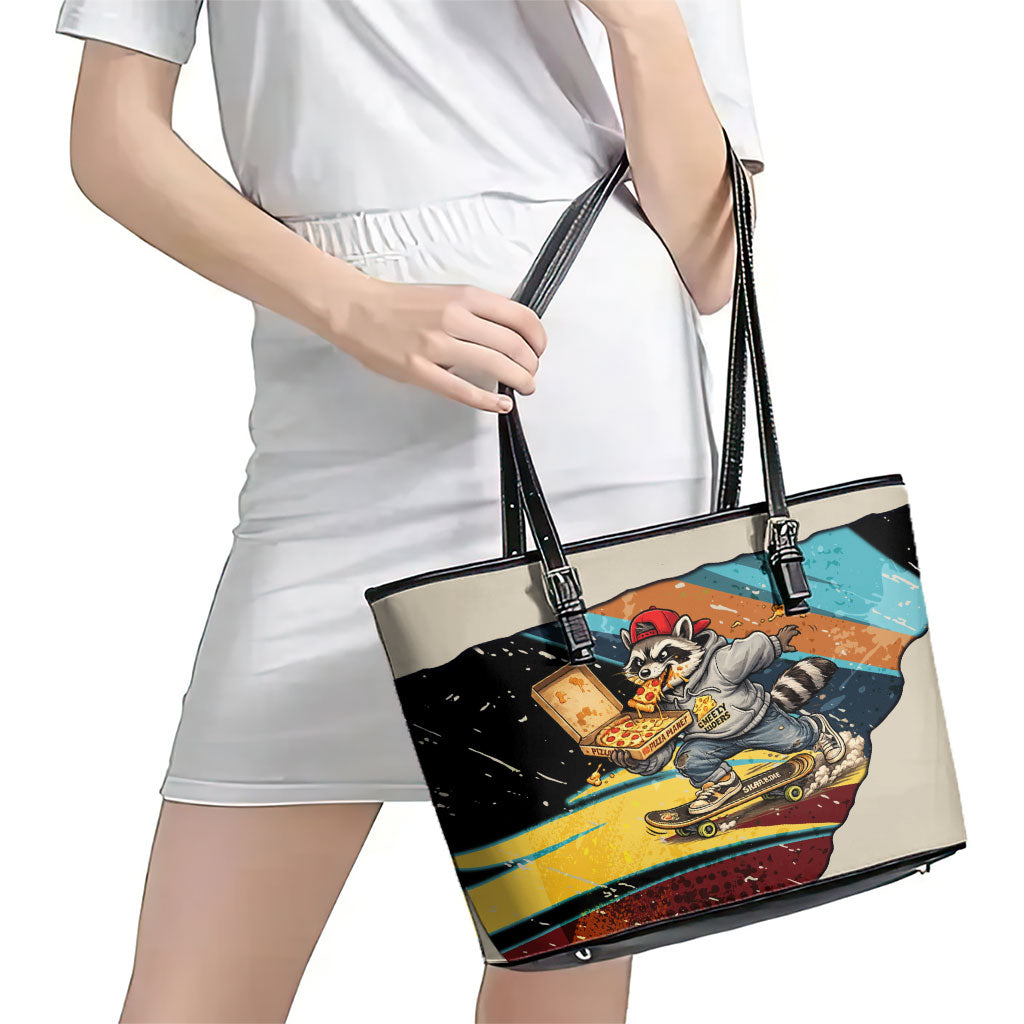 Skateboarding Raccoon Eating Pizza Leather Tote Bag Retro Cartoon Skating Claw Rip Grunge Aesthetic