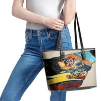Skateboarding Raccoon Eating Pizza Leather Tote Bag Retro Cartoon Skating Claw Rip Grunge Aesthetic