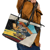 Skateboarding Raccoon Eating Pizza Leather Tote Bag Retro Cartoon Skating Claw Rip Grunge Aesthetic