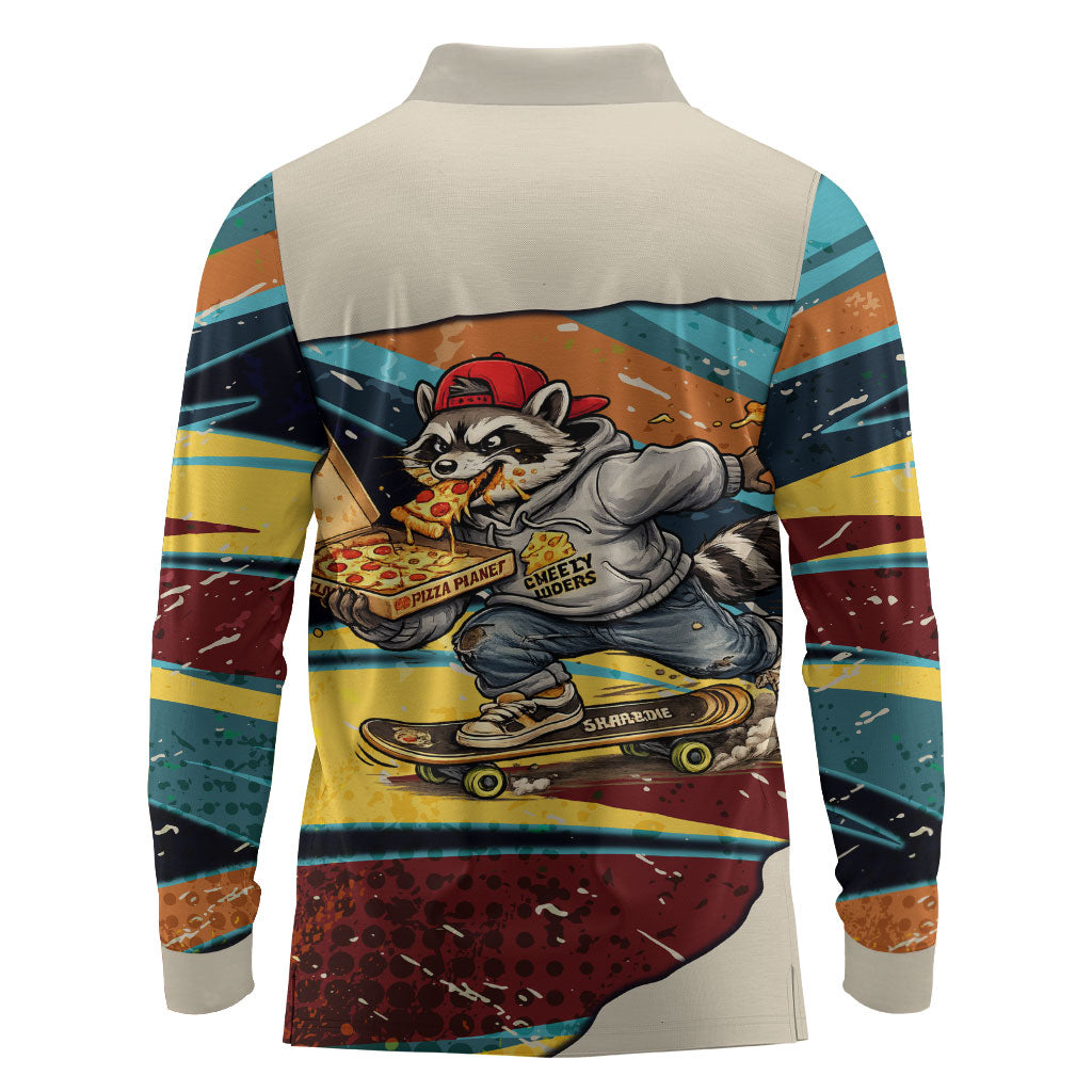 Skateboarding Raccoon Eating Pizza Long Sleeve Polo Shirt Retro Cartoon Skating Claw Rip Grunge Aesthetic