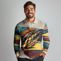 Skateboarding Raccoon Eating Pizza Long Sleeve Polo Shirt Retro Cartoon Skating Claw Rip Grunge Aesthetic