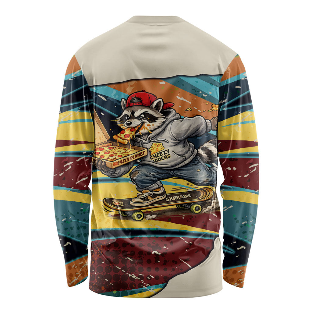 Skateboarding Raccoon Eating Pizza Long Sleeve Shirt Retro Cartoon Skating Claw Rip Grunge Aesthetic