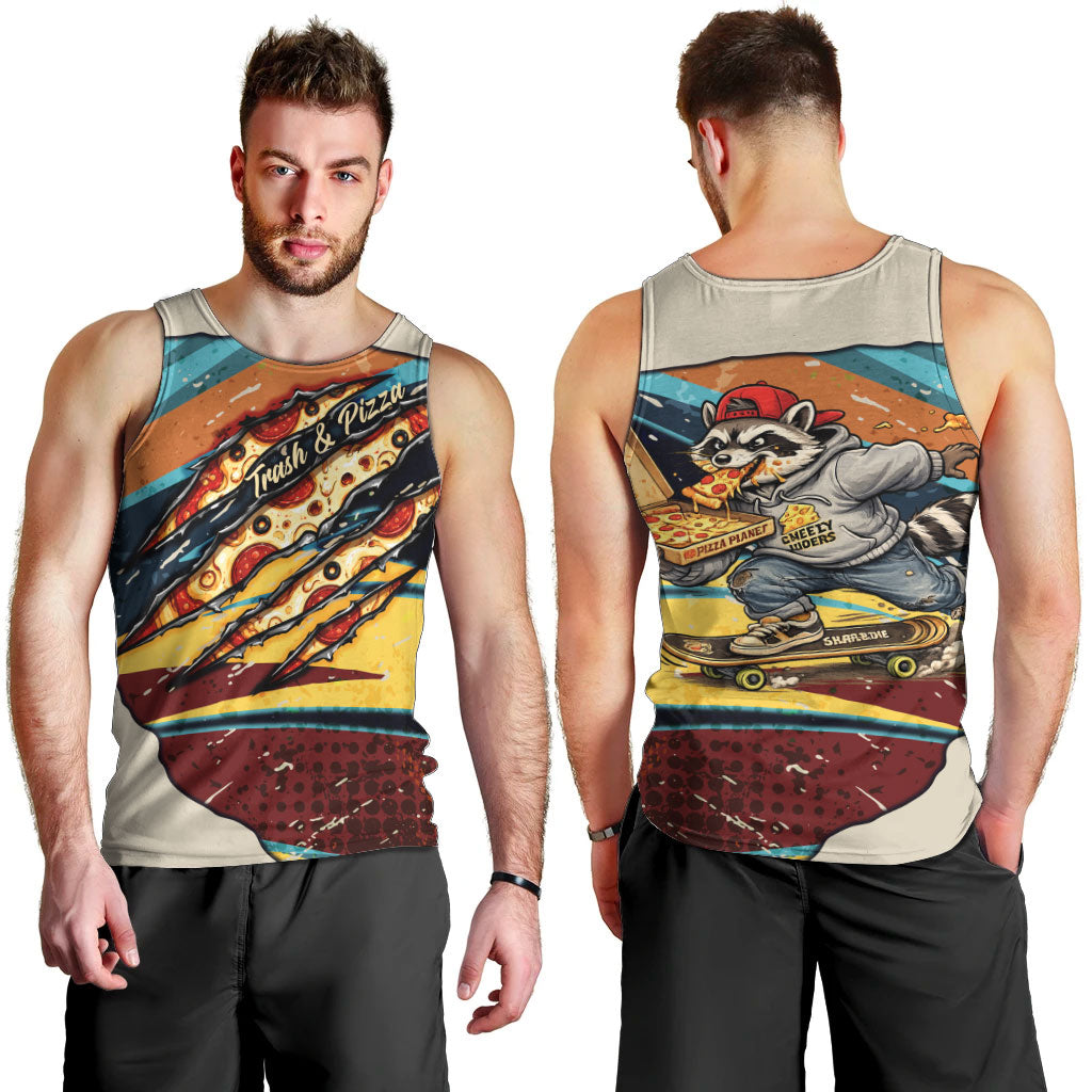 Skateboarding Raccoon Eating Pizza Men Tank Top Retro Cartoon Skating Claw Rip Grunge Aesthetic