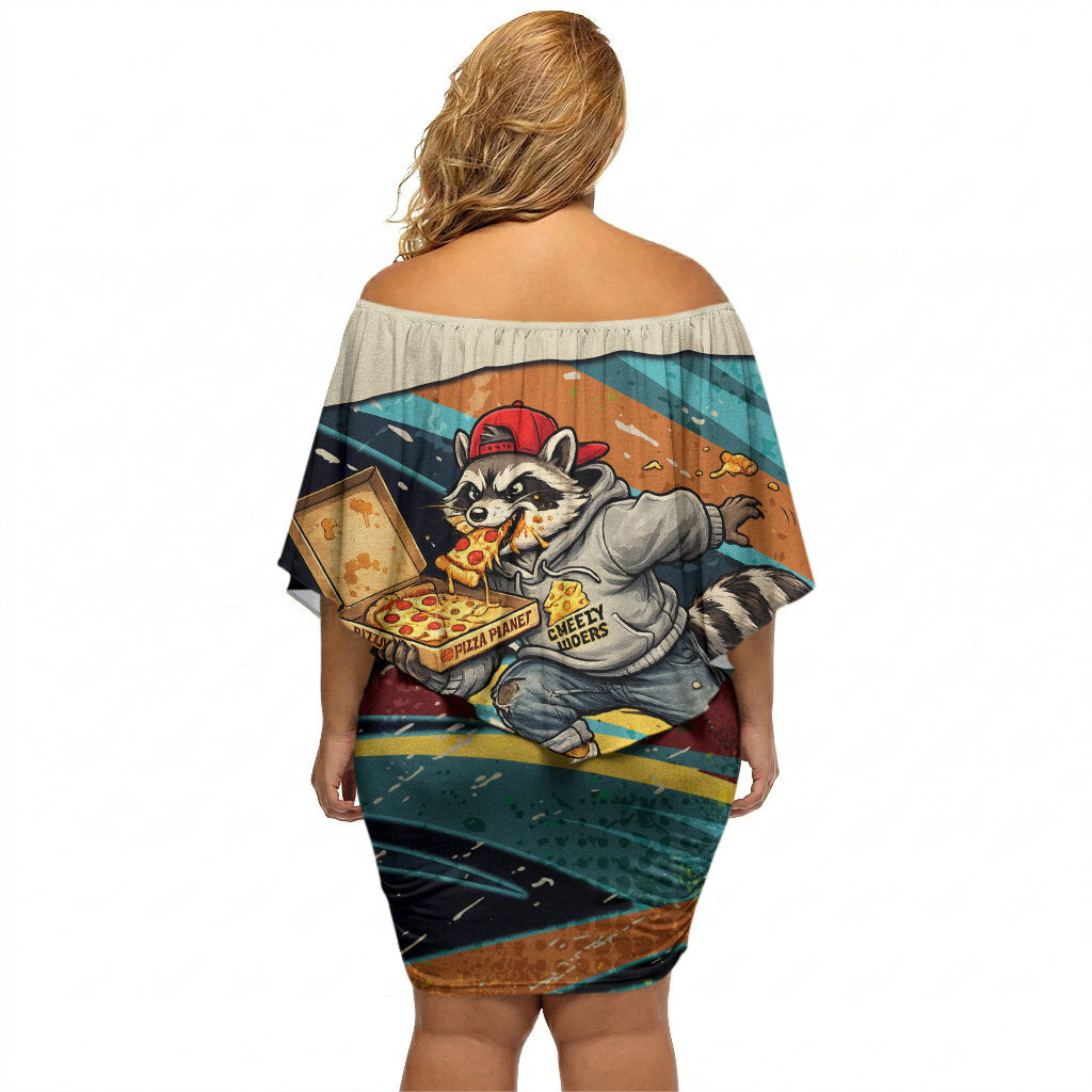 Skateboarding Raccoon Eating Pizza Off Shoulder Short Dress Retro Cartoon Skating Claw Rip Grunge Aesthetic