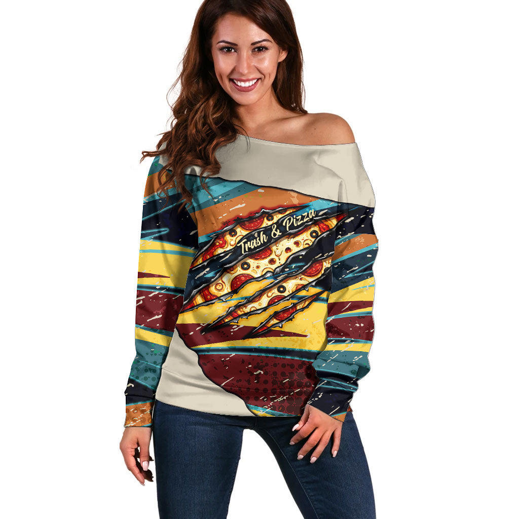 Skateboarding Raccoon Eating Pizza Off Shoulder Sweater Retro Cartoon Skating Claw Rip Grunge Aesthetic