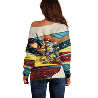 Skateboarding Raccoon Eating Pizza Off Shoulder Sweater Retro Cartoon Skating Claw Rip Grunge Aesthetic