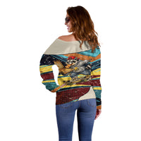 Skateboarding Raccoon Eating Pizza Off Shoulder Sweater Retro Cartoon Skating Claw Rip Grunge Aesthetic