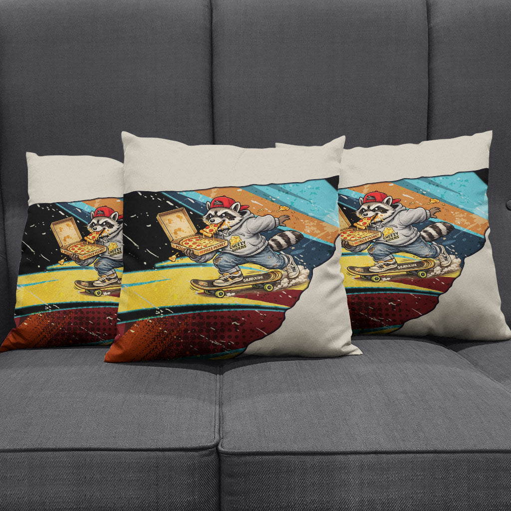 Skateboarding Raccoon Eating Pizza Pillow Cover Retro Cartoon Skating Claw Rip Grunge Aesthetic