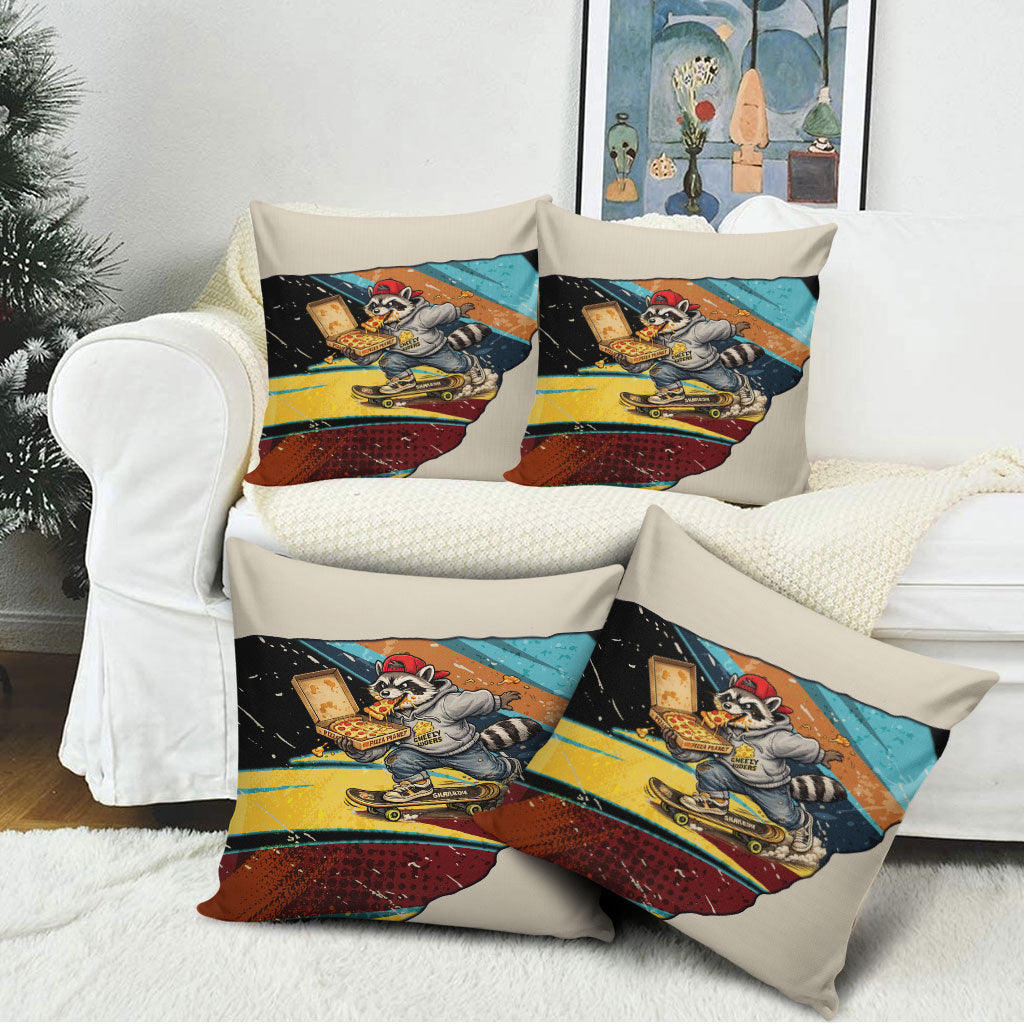Skateboarding Raccoon Eating Pizza Pillow Cover Retro Cartoon Skating Claw Rip Grunge Aesthetic