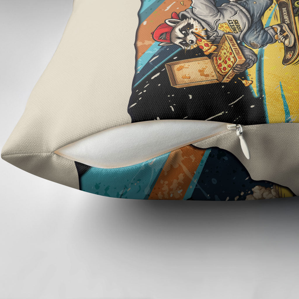 Skateboarding Raccoon Eating Pizza Pillow Cover Retro Cartoon Skating Claw Rip Grunge Aesthetic